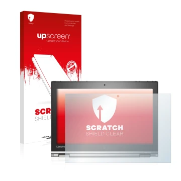 Parte frontal de un envase de producto con el logotipo de la marca upscreen. Al lado se muestra el dispositivo Lenovo ThinkPad