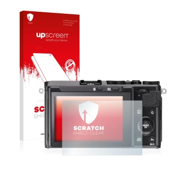 Parte frontal de un envase de producto con el logotipo de la marca upscreen. Al lado se muestra el dispositivo Fujifilm FinePi