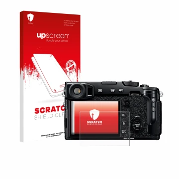 Parte frontal de un envase de producto con el logotipo de la marca upscreen. Al lado se muestra el dispositivo Fujifilm X-Pro2