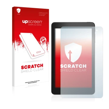 Parte frontal de un envase de producto con el logotipo de la marca upscreen. Al lado se muestra el dispositivo Dell Venue 8 Pr