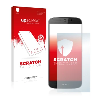 Parte frontal de un envase de producto con el logotipo de la marca upscreen. Al lado se muestra el dispositivo Acer Liquid Jad