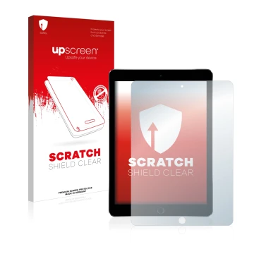 Parte frontal de un envase de producto con el logotipo de la marca upscreen. Al lado se muestra el dispositivo Apple iPad Pro 