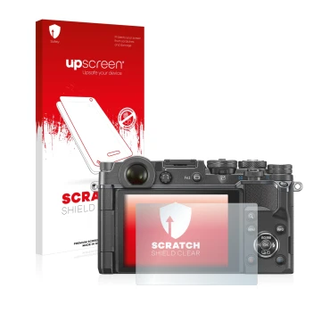 Parte frontal de un envase de producto con el logotipo de la marca upscreen. Al lado se muestra el dispositivo Olympus PEN-F c