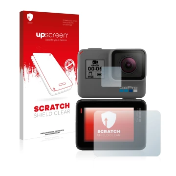 Parte frontal de un envase de producto con el logotipo de la marca upscreen. Al lado se muestra el dispositivo GoPro Hero 5 Bl