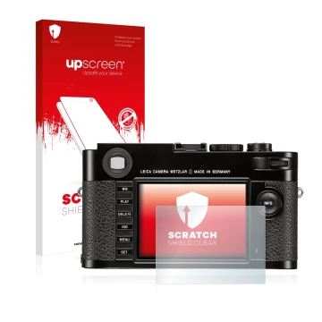 Parte frontal de un envase de producto con el logotipo de la marca upscreen. Al lado se muestra el dispositivo Leica M (Typ 26