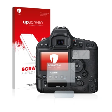 Parte frontal de un envase de producto con el logotipo de la marca upscreen. Al lado se muestra el dispositivo Canon EOS 1D X 