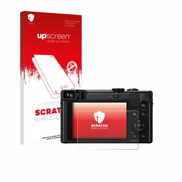 Parte frontal de un envase de producto con el logotipo de la marca upscreen. Al lado se muestra el dispositivo Panasonic Lumix