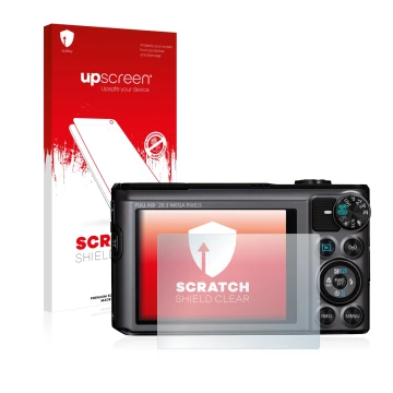 Parte frontal de un envase de producto con el logotipo de la marca upscreen. Al lado se muestra el dispositivo Canon PowerShot