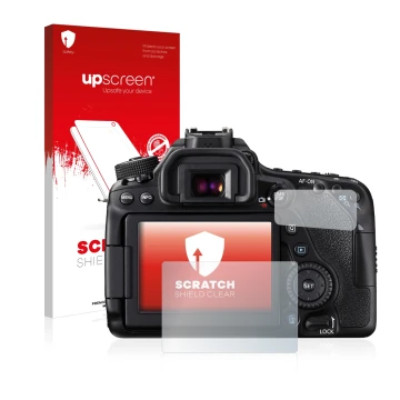 Parte frontal de un envase de producto con el logotipo de la marca upscreen. Al lado se muestra el dispositivo Canon EOS 80D c