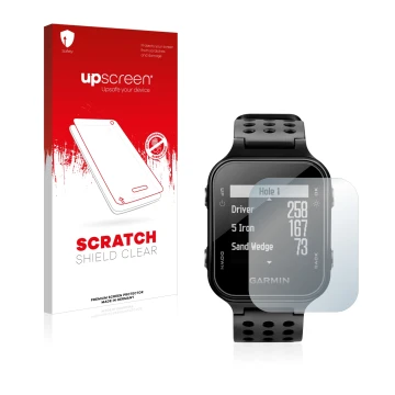 Parte frontal de un envase de producto con el logotipo de la marca upscreen. Al lado se muestra el dispositivo Garmin Approach