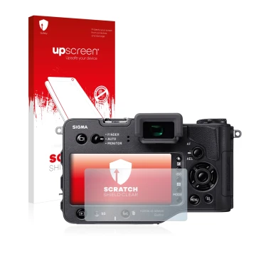 Parte frontal de un envase de producto con el logotipo de la marca upscreen. Al lado se muestra el dispositivo Sigma SD Quattr