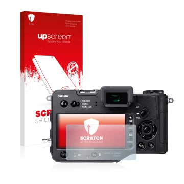 Parte frontal de un envase de producto con el logotipo de la marca upscreen. Al lado se muestra el dispositivo Sigma SD Quattr