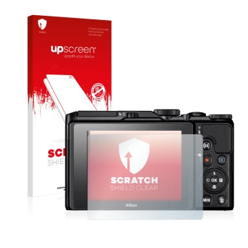 Parte frontal de un envase de producto con el logotipo de la marca upscreen. Al lado se muestra el dispositivo Nikon Coolpix A