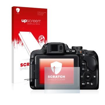 Parte frontal de un envase de producto con el logotipo de la marca upscreen. Al lado se muestra el dispositivo Nikon Coolpix B