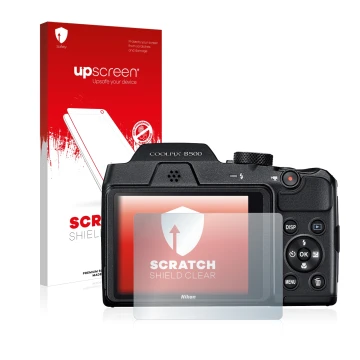 Parte frontal de un envase de producto con el logotipo de la marca upscreen. Al lado se muestra el dispositivo Nikon Coolpix B
