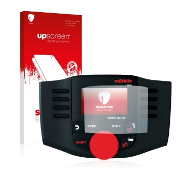 Parte frontal de un envase de producto con el logotipo de la marca upscreen. Al lado se muestra el dispositivo Märklin Mobile 