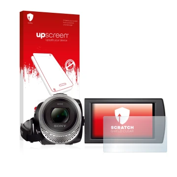 Parte frontal de un envase de producto con el logotipo de la marca upscreen. Al lado se muestra el dispositivo Sony FDR-AX53 c