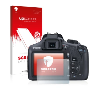Parte frontal de un envase de producto con el logotipo de la marca upscreen. Al lado se muestra el dispositivo Canon EOS 1300D