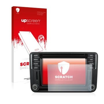 Parte frontal de un envase de producto con el logotipo de la marca upscreen. Al lado se muestra el dispositivo Volkswagen T6 2