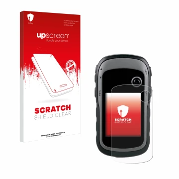 Parte frontal de un envase de producto con el logotipo de la marca upscreen. Al lado se muestra el dispositivo Garmin eTrex 30