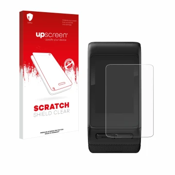 Parte frontal de un envase de producto con el logotipo de la marca upscreen. Al lado se muestra el dispositivo Garmin vivoacti