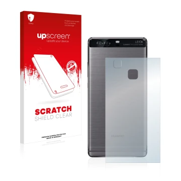 Parte frontal de un envase de producto con el logotipo de la marca upscreen. Al lado se muestra el dispositivo Huawei P9 Plus 