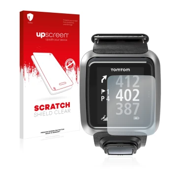 Parte frontal de un envase de producto con el logotipo de la marca upscreen. Al lado se muestra el dispositivo TomTom Golfer 2