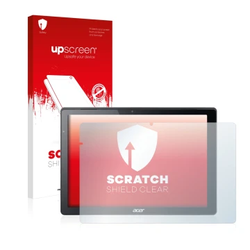 Parte frontal de un envase de producto con el logotipo de la marca upscreen. Al lado se muestra el dispositivo Acer Switch Alp