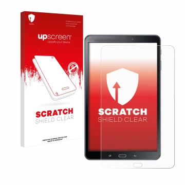 Parte frontal de un envase de producto con el logotipo de la marca upscreen. Al lado se muestra el dispositivo Samsung Galaxy 