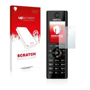 Parte frontal de un envase de producto con el logotipo de la marca upscreen. Al lado se muestra el dispositivo AVM Fritz!Fon C