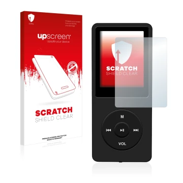 Parte frontal de un envase de producto con el logotipo de la marca upscreen. Al lado se muestra el dispositivo AGPtek 8GB MP3-