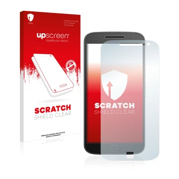 Parte frontal de un envase de producto con el logotipo de la marca upscreen. Al lado se muestra el dispositivo Motorola Moto G