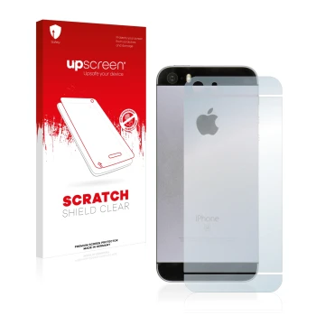 Parte frontal de un envase de producto con el logotipo de la marca upscreen. Al lado se muestra el dispositivo Apple iPhone SE