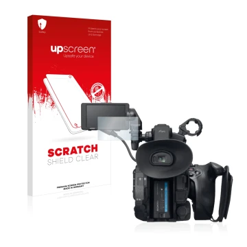 Parte frontal de un envase de producto con el logotipo de la marca upscreen. Al lado se muestra el dispositivo Sony PXW-FS5 co