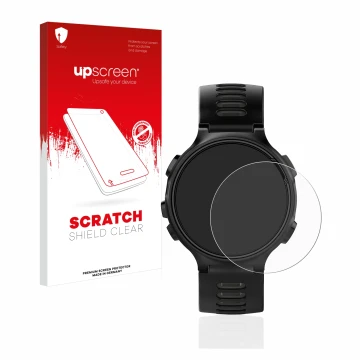 Parte frontal de un envase de producto con el logotipo de la marca upscreen. Al lado se muestra el dispositivo Garmin Forerunn