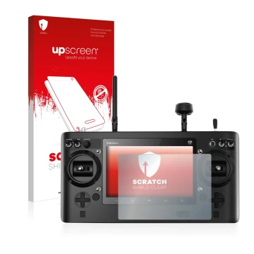 Parte frontal de un envase de producto con el logotipo de la marca upscreen. Al lado se muestra el dispositivo Yuneec ST16 con
