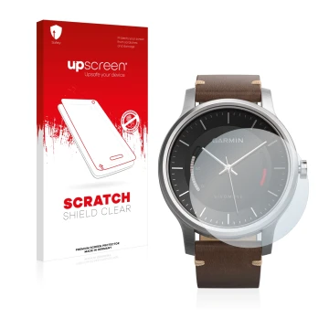 Parte frontal de un envase de producto con el logotipo de la marca upscreen. Al lado se muestra el dispositivo Garmin vivomove