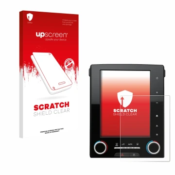 Parte frontal de un envase de producto con el logotipo de la marca upscreen. Al lado se muestra el dispositivo Renault Megane 