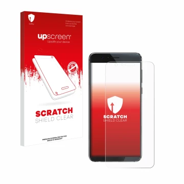 Parte frontal de un envase de producto con el logotipo de la marca upscreen. Al lado se muestra el dispositivo Honor 8 con su 