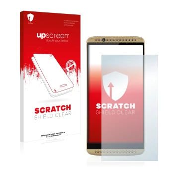 Parte frontal de un envase de producto con el logotipo de la marca upscreen. Al lado se muestra el dispositivo ZTE Axon 7 con 
