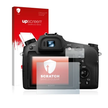 Parte frontal de un envase de producto con el logotipo de la marca upscreen. Al lado se muestra el dispositivo Sony Cyber-Shot