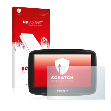 Parte frontal de un envase de producto con el logotipo de la marca upscreen. Al lado se muestra el dispositivo TomTom Start 52