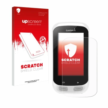 Parte frontal de un envase de producto con el logotipo de la marca upscreen. Al lado se muestra el dispositivo Garmin Edge Exp