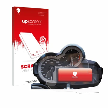 Parte frontal de un envase de producto con el logotipo de la marca upscreen. Al lado se muestra el dispositivo BMW R 1200 GS K