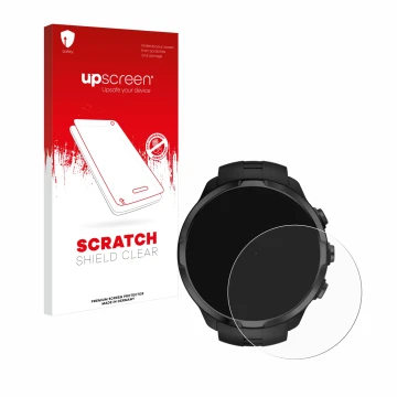 Parte frontal de un envase de producto con el logotipo de la marca upscreen. Al lado se muestra el dispositivo Suunto Spartan 