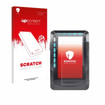 Parte frontal de un envase de producto con el logotipo de la marca upscreen. Al lado se muestra el dispositivo Wahoo Elemnt GP