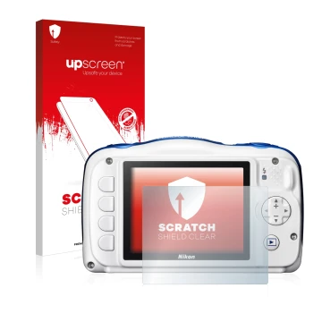 Parte frontal de un envase de producto con el logotipo de la marca upscreen. Al lado se muestra el dispositivo Nikon Coolpix W