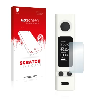 Parte frontal de un envase de producto con el logotipo de la marca upscreen. Al lado se muestra el dispositivo Joyetech eVic V