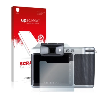 Parte frontal de un envase de producto con el logotipo de la marca upscreen. Al lado se muestra el dispositivo Hasselblad X1D-