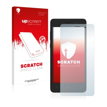 Parte frontal de un envase de producto con el logotipo de la marca upscreen. Al lado se muestra el dispositivo Archos 45d Plat